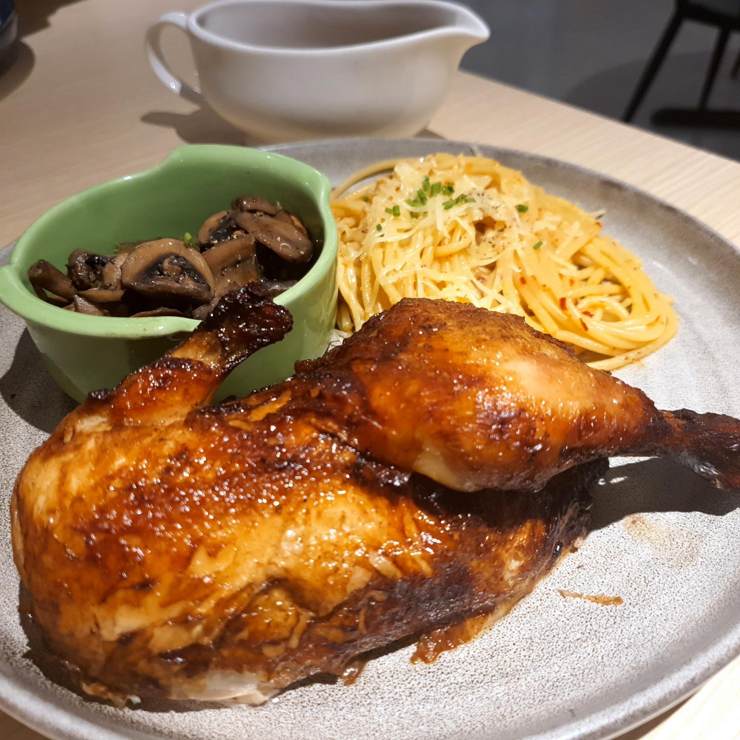 Half Roast Chicken with Mushroom Cream Sauce