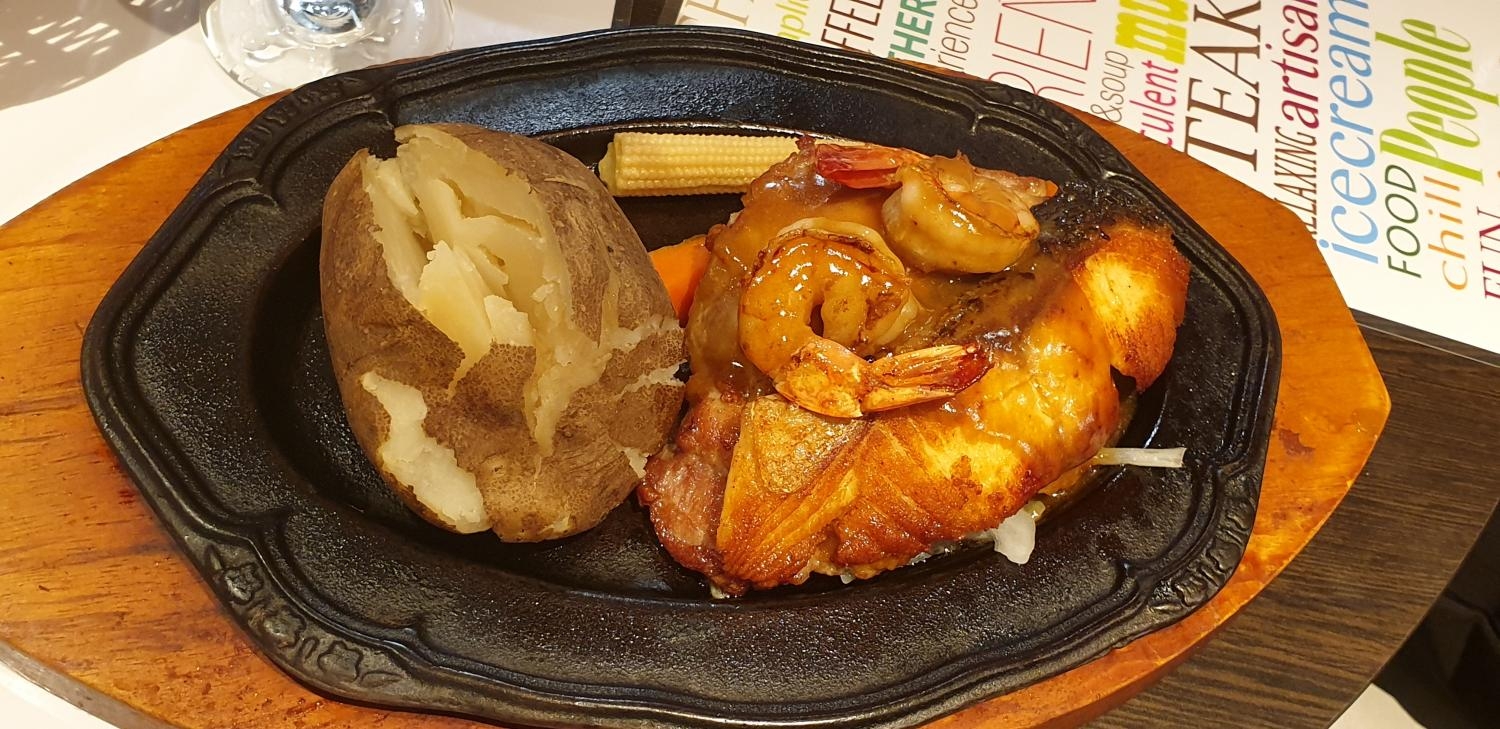 Chicken Steak, Salmon & Prawn